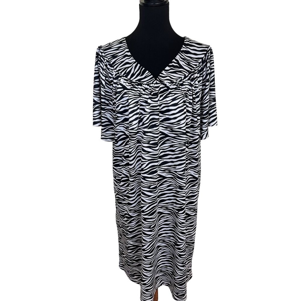 Zebra Print Womens Midi Dress V Neck Short Sleeve MuMu Housedress Loungewear